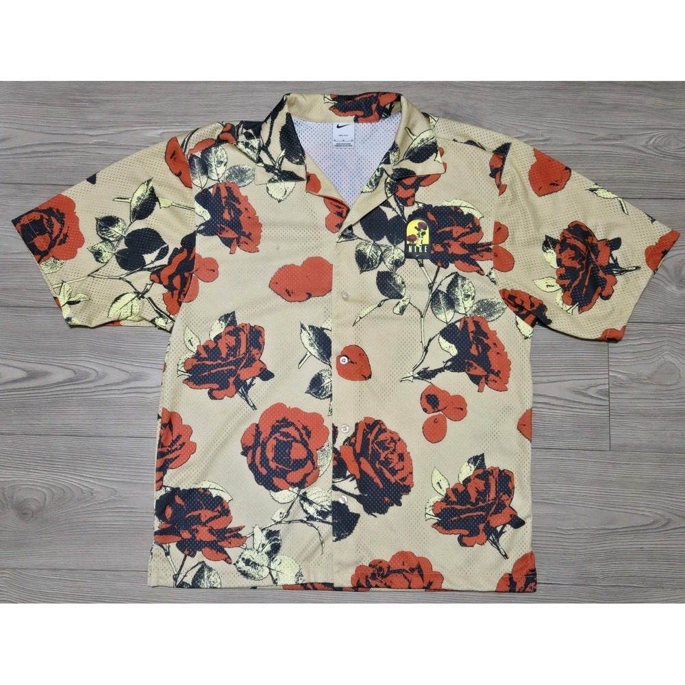 Nike‎ Sportswear City Of Roses Mesh Shirt Men's M Beige Red Floral Button Up SS